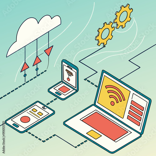 Digital transformation concept with flat technology icons, representing business evolution, innovation, and adaptation in the modern world.