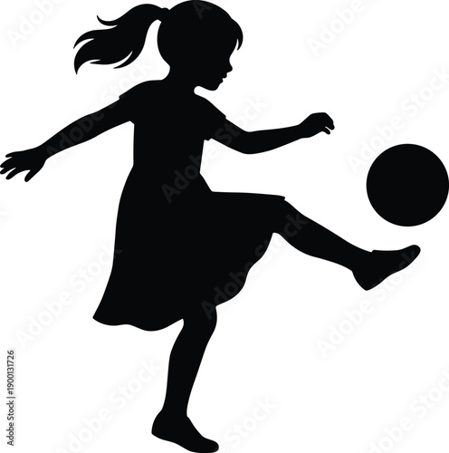 Black silhouette of a young girl with ponytail kicking a soccer ball isolated on white background, active child playing outdoor sports vector illustration for school athletics and physical education.