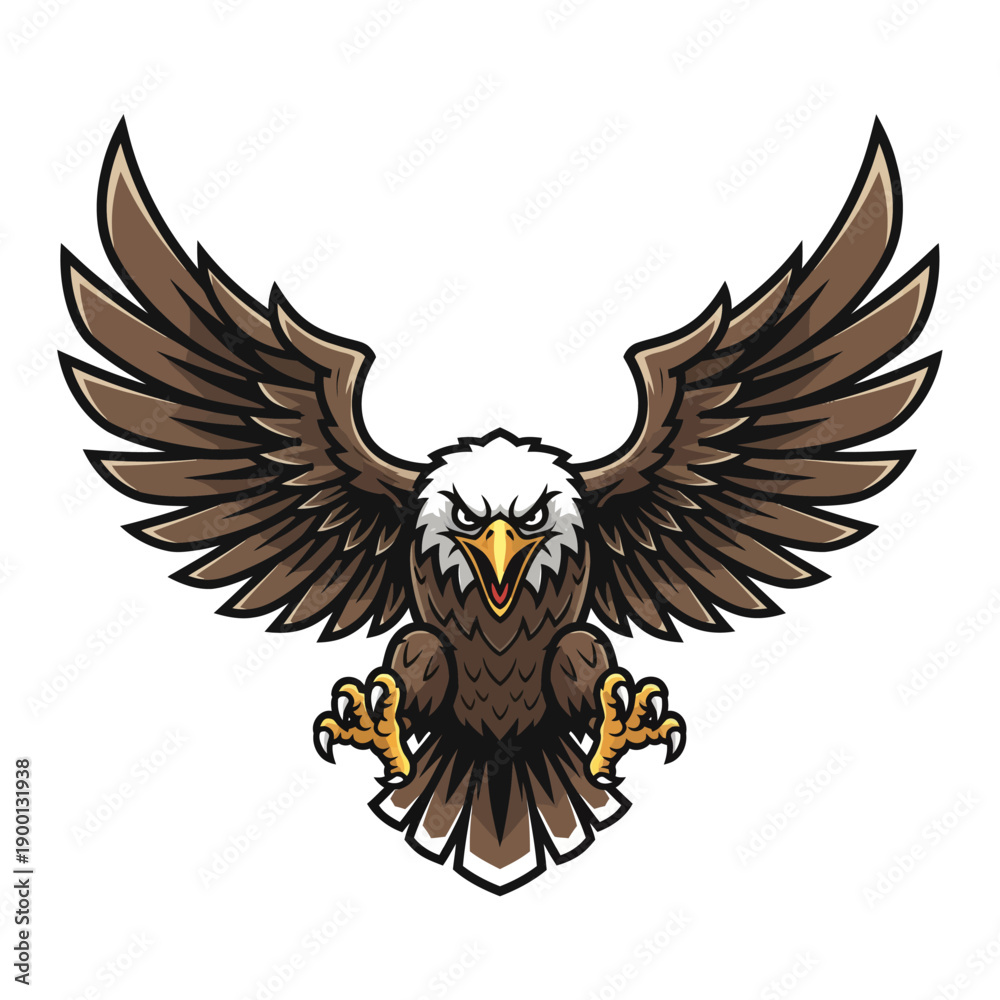 Fototapeta premium A majestic bald eagle in mid-flight, wings outstretched, talons extended, soaring through the air with a fierce expression