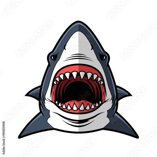 A close-up view of a cartoon shark with sharp teeth and an open mouth from a frontal viewpoint in a simple environment