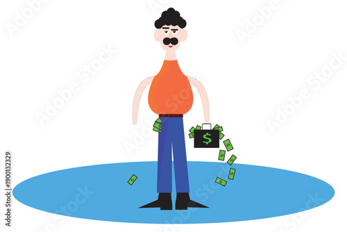 Comic Character with Money Case. Funny Business Illustration Art.