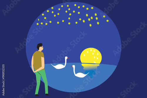 Romantic Moonlit Pond with Two Swans. Man Enjoying Scenic View Illustration Art.