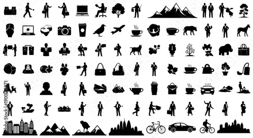 Vast bundle of diverse black silhouette vector icons. Features people, business, travel, nature, technology, lifestyle, and everyday objects, ideal for design