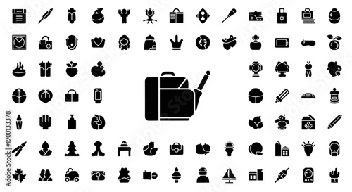 Collection of minimalist black icons representing various objects and concepts like tools, nature, and travel, perfect for graphic design and web development