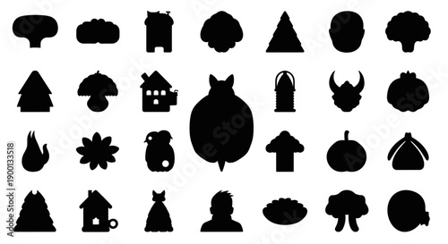 A diverse collection of black silhouette icons featuring various objects and symbols, from nature and food to buildings and people, offering versatile graphic design elements