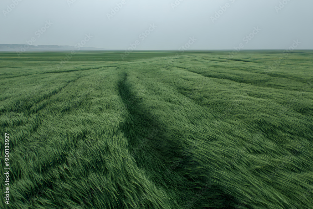 Naklejka premium Vibrant green field swaying gently in the wind on a cloudy day