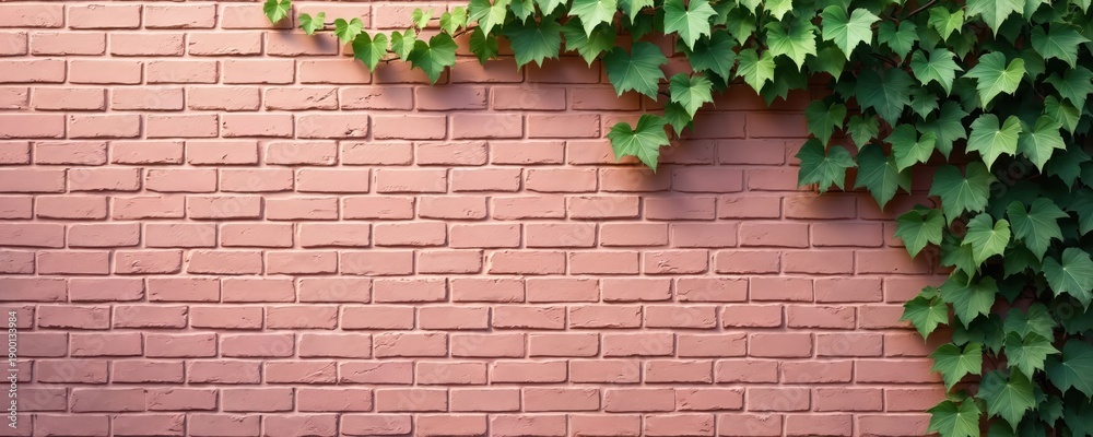 Fototapeta premium Green ivy vines grow on a weathered pink brick wall surface. This natural botanical texture offers a rustic charm for backgrounds and design elements.