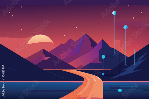 Desert road leading toward mountains and pyramids under a colorful sunset sky in a stylized vector landscape