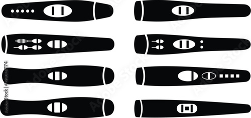 Pregnancy test silhouette icon set showing positive and negative results isolated on white background for medical healthcare fertility and women health concept designs