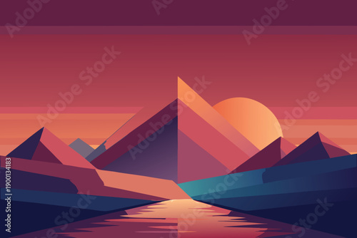 Vector illustration of the Pyramids of Giza at sunset with desert landscape, camel silhouette, and warm orange sky