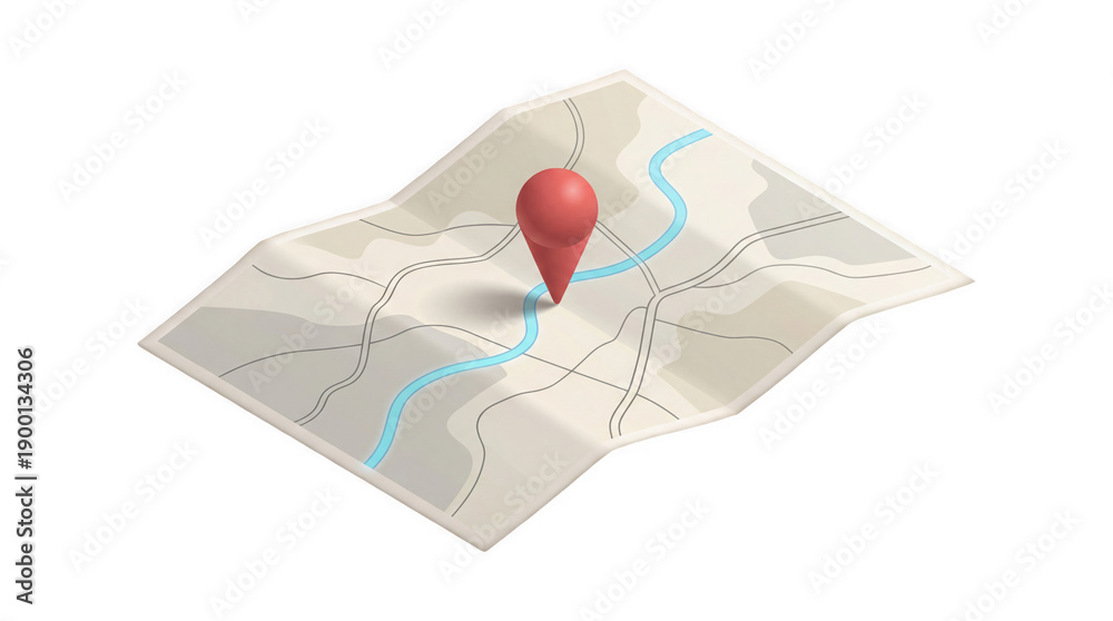 Obraz premium 3d map location pin on folded paper map with river and roads isolated on transparent background