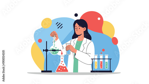 Professional female scientist conducts chemical experiments in a modern laboratory using colorful liquids and glass scientific equipment.