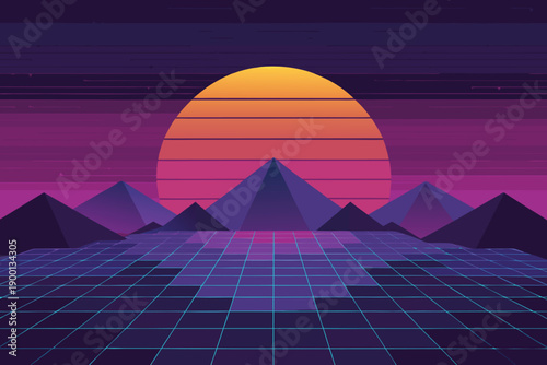 Abstract 3D pyramid landscape with mountains, desert sunset sky, and travel nature elements in vector illustration style
