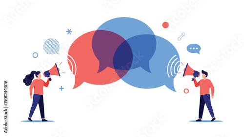 Man and woman communicate through megaphones with large overlapping speech bubbles representing social interaction and public speaking.