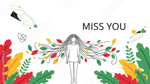 Stylized woman stands surrounded by large colorful autumn leaves and abstract elements with Miss You text representing longing.