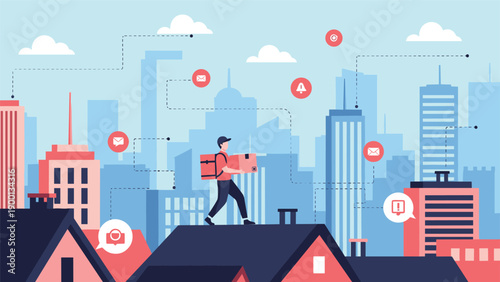 Fast courier walks across city rooftops to deliver a package while surrounded by floating digital communication and location icons.