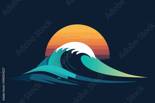 A majestic wave rises against the backdrop of a vibrant sunset over the ocean