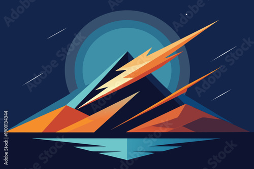 A vibrant and dynamic illustration of a mountain range at sunrise with striking light beams