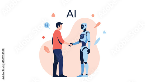 Professional man shakes hands with a sophisticated humanoid robot under the text AI representing human and artificial intelligence partnership.