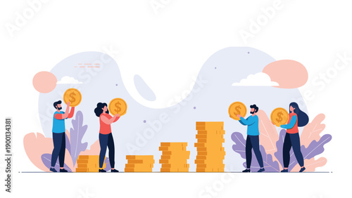 Diverse group of people work together to stack large gold coins representing financial savings, investment, and wealth building.