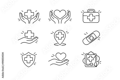 Healthcare support and medical care line icon set for treatment, protection and patient assistance
