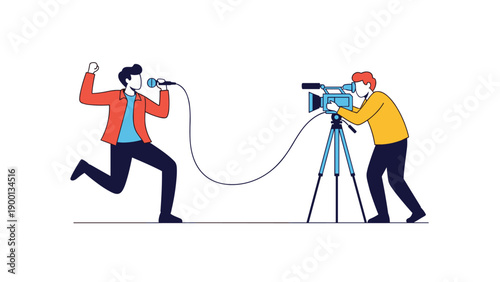 Professional cameraman films a talented male singer performing with a microphone for a television show or music video.