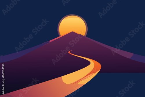 A winding road leads to a glowing sunrise on a distant mountain peak