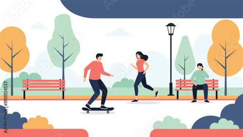 Young people engage in healthy outdoor lifestyles like skateboarding and jogging in a beautiful city park with tall autumn trees.