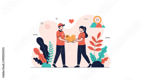 Professional delivery service team consisting of a man and woman wearing uniforms and holding a cardboard package box together.