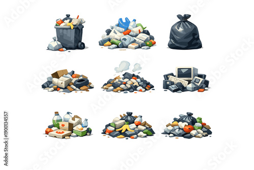 Household and industrial waste accumulation icon set for garbage pollution, landfill and recycling problems