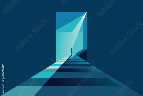 Abstract blue architectural interior background with light in a modern empty corridor space