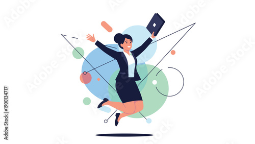Successful businesswoman jumping for joy with a laptop in her hand against a colorful abstract background, celebrating a big win.