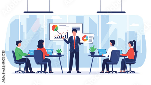 Business leader giving a presentation to colleagues in a modern office with large windows showing a city skyline and financial charts.