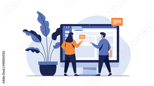 Two professionals standing in front of a large computer monitor discussing digital content and website layout in a bright office.