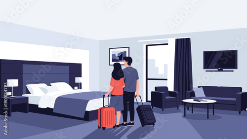 Young couple with suitcases entering a spacious and modern hotel room, ready to start their vacation and enjoy their travel stay.