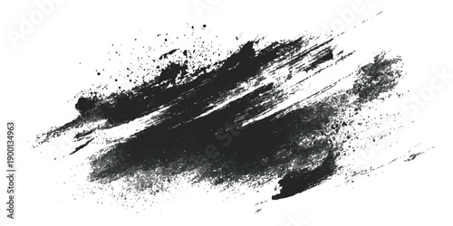 Dynamic black ink splash and splatter abstract art on white background
