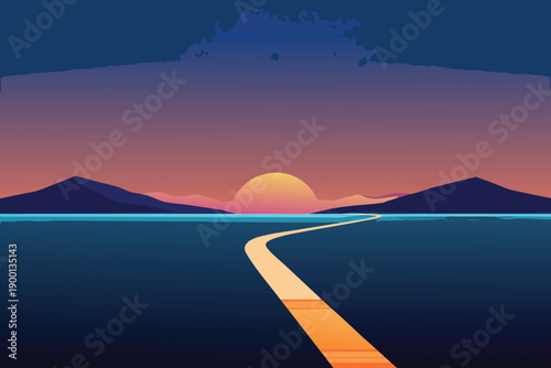 A serene sunset over a winding road with mountains in the distance