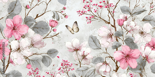 Soft focus close up of delicate pink peonies and blossoms in a vintage floral arrangement