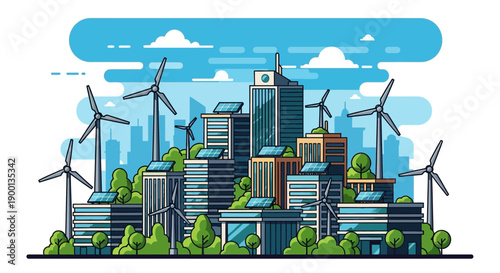 Illustration depicting modern city infrastructure integrating numerous wind turbines and rooftop solar panels for sustainable energy generation.