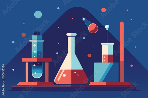 A vibrant illustration of laboratory equipment against a cosmic backdrop