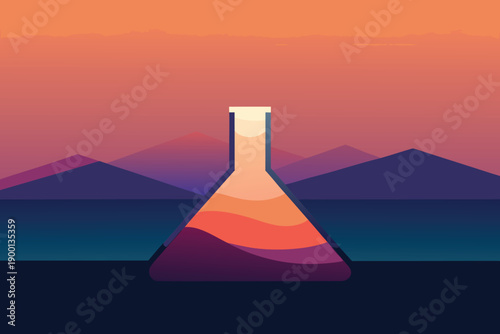 Sunset over Egyptian desert mountains with pyramids and colorful sky landscape illustration