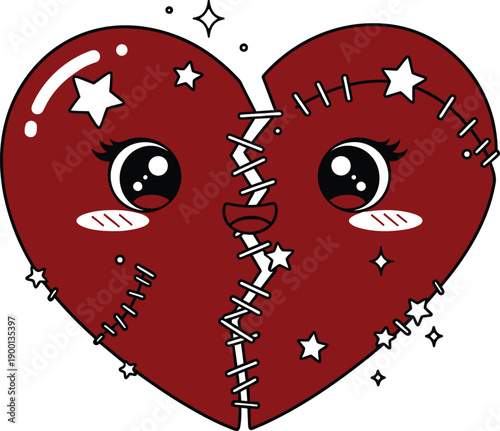 Cute dark red broken heart character mascot with sparkly eyes and stitches being mended together with stars and glitter for healing and love concept.