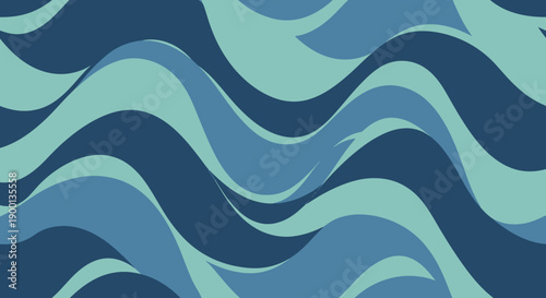 Abstract repeating pattern featuring layers of curvilinear wave shapes in various shades of teal and blue tones.