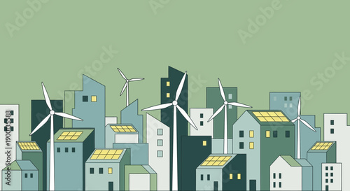 Stylized illustration depicting a modern, sustainable city skyline integrating wind turbines and rooftop solar panels for clean energy generation.