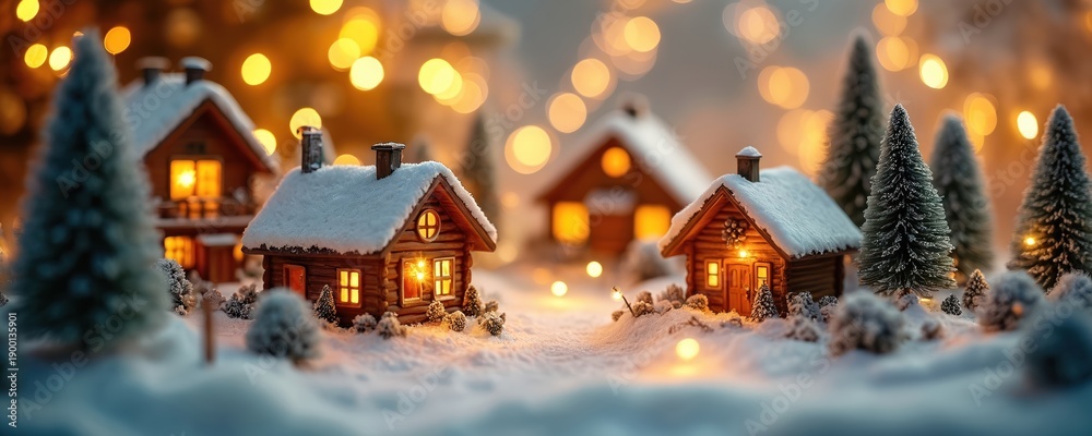 Obraz premium Tiny snow covered wooden cabins glow with warm lights on a winter night. Miniature pine trees dot the snowy landscape. Festive bokeh lights create a magical holiday atmosphere.