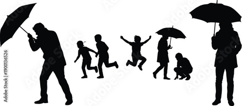 Black silhouettes of people walking with umbrellas in stormy weather and happy children playing and running in rain isolated on white background vector.
