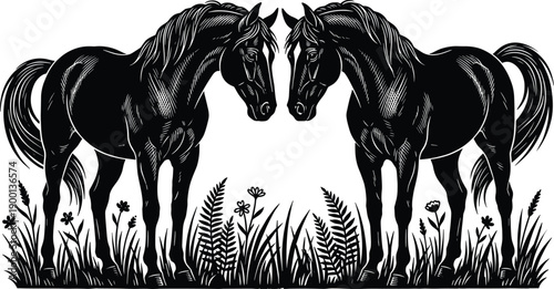 Twin horse silhouette illustration, facing equine pair in meadow grass vector artwork for nature, wildlife, logo, branding design