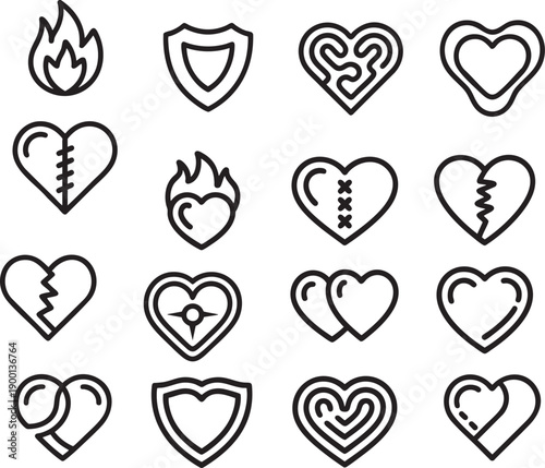 Collection of heart shaped line icons representing love and relationships with different themes