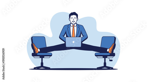 A cartoon businessman sitting on two office chairs with a laptop on his lap in a funny and relaxed pose.