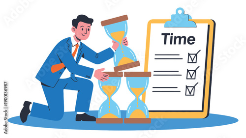 A cartoon man in a blue suit manages time with hourglasses and a clipboard.